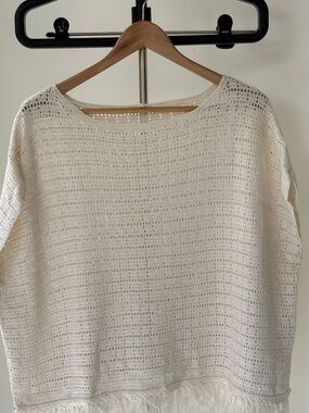 Joie Cream Openweave Fringe Hem Scoop Neck Sweater